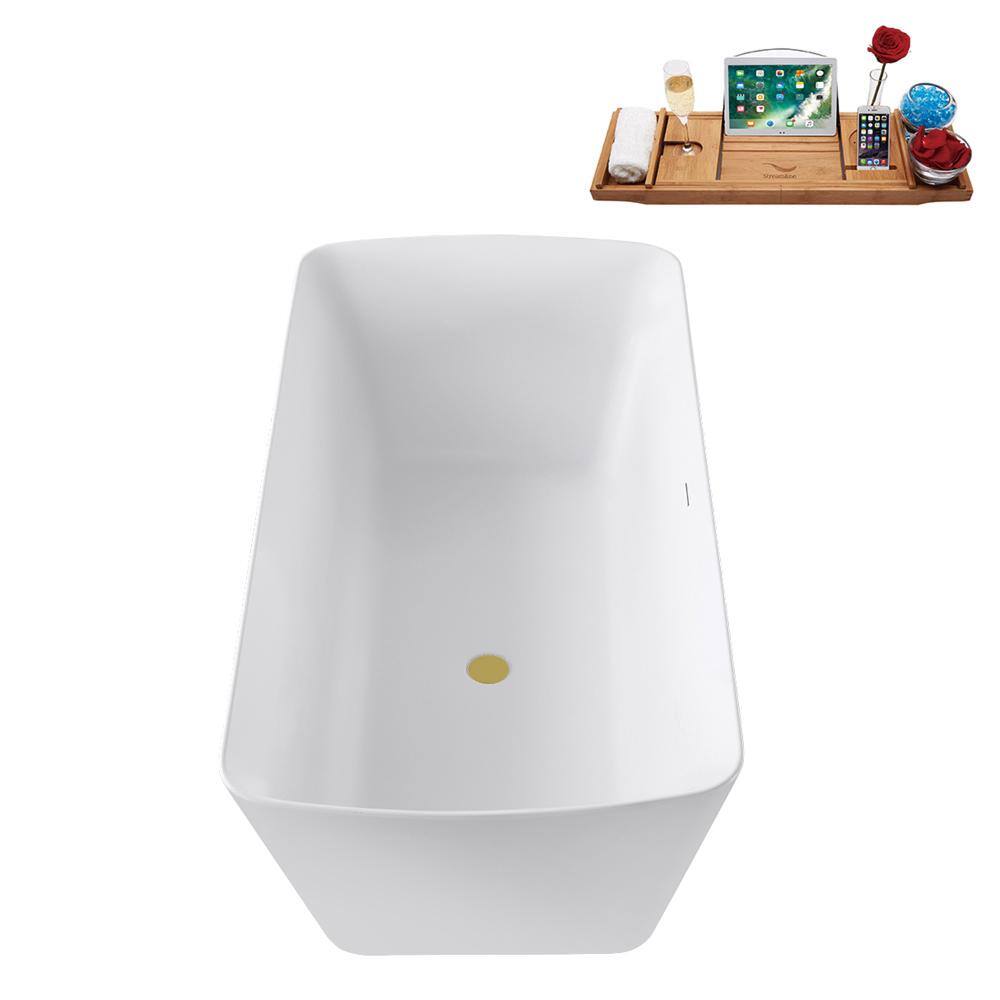 59" Glossy White Acrylic Freestanding Tub with Brushed Gold Trim