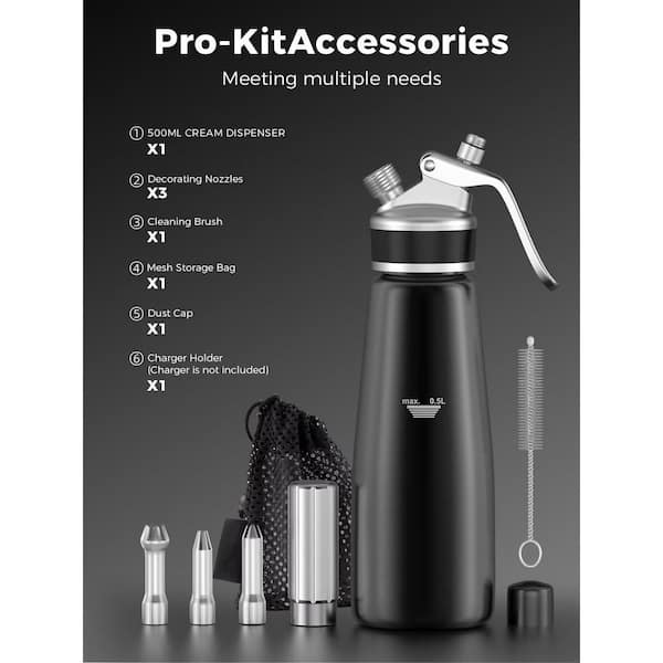 Wudkey Black Whipped Cream Dispenser, 500ml Aluminum Cream Whipper
