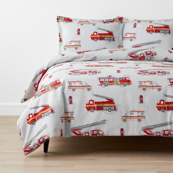 Company Kids by The Company Store Company Kids Firetrucks 2-Piece Multicolored Organic Cotton Percale Twin Duvet Cover Set