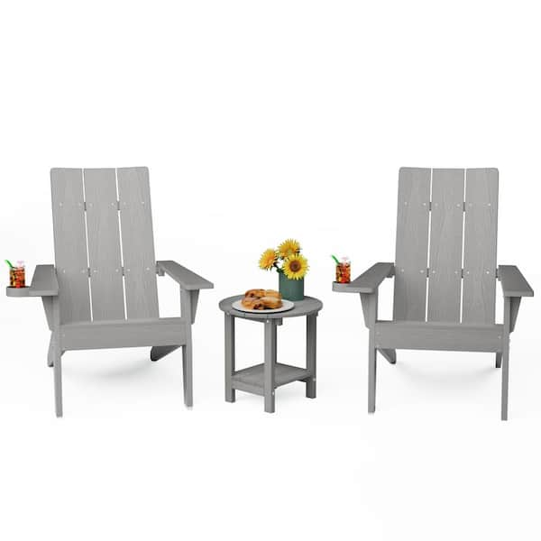 Mximu 3-Piece Grey Plastic Outdoor Patio Adirondack Chair with Table Set