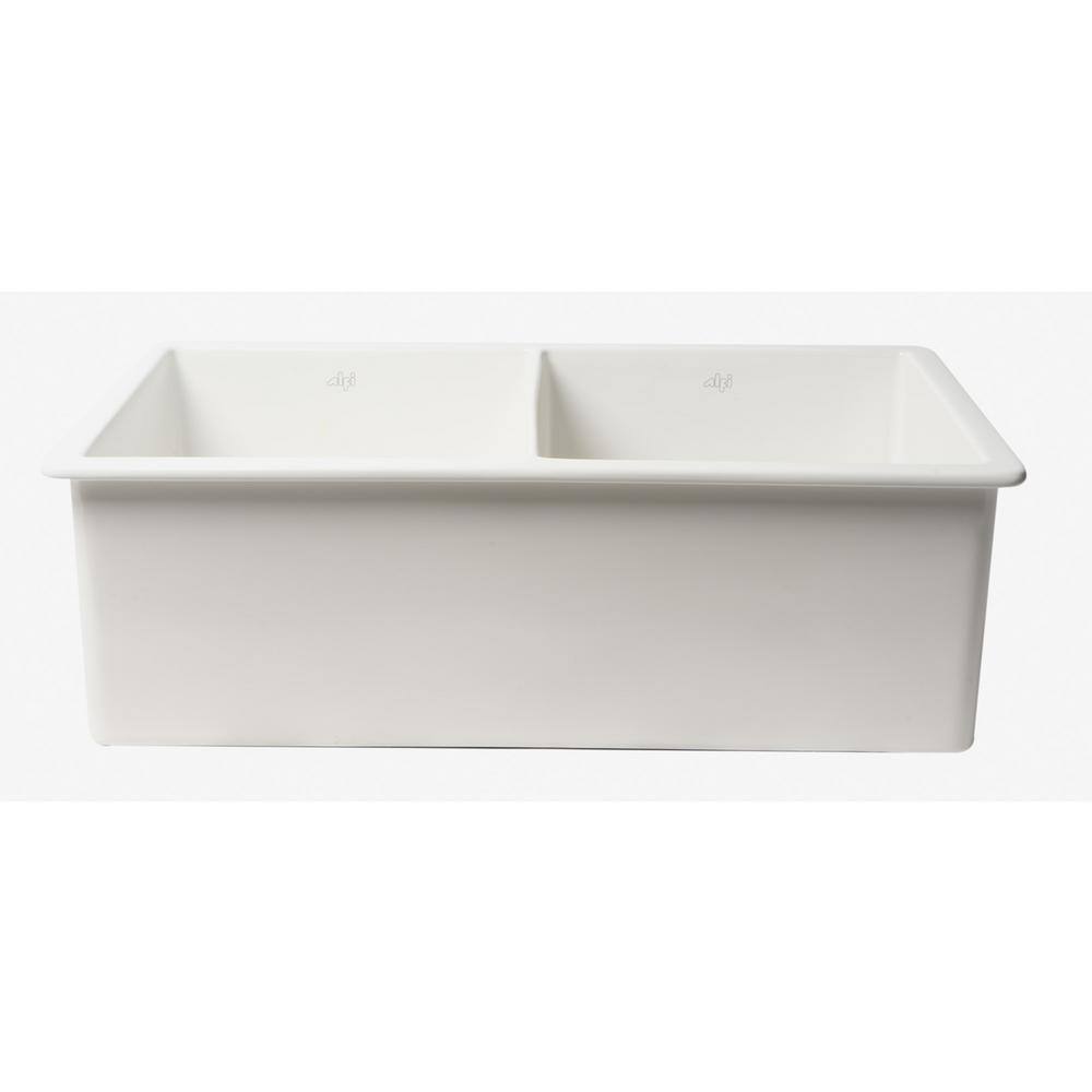White 32" Double Bowl Fireclay Farmhouse Drop-In Sink