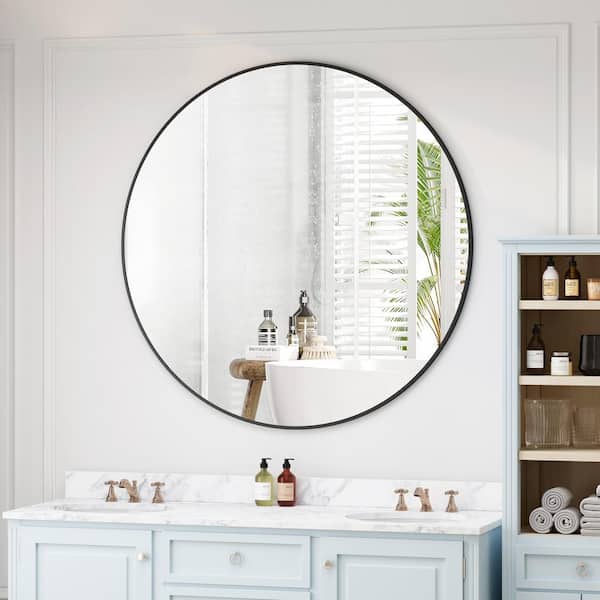 EAKYHOM 39 in. W x 39 in. H Round Metal Framed Wall Mounted Bathroom Vanity Mirror in Matte Black