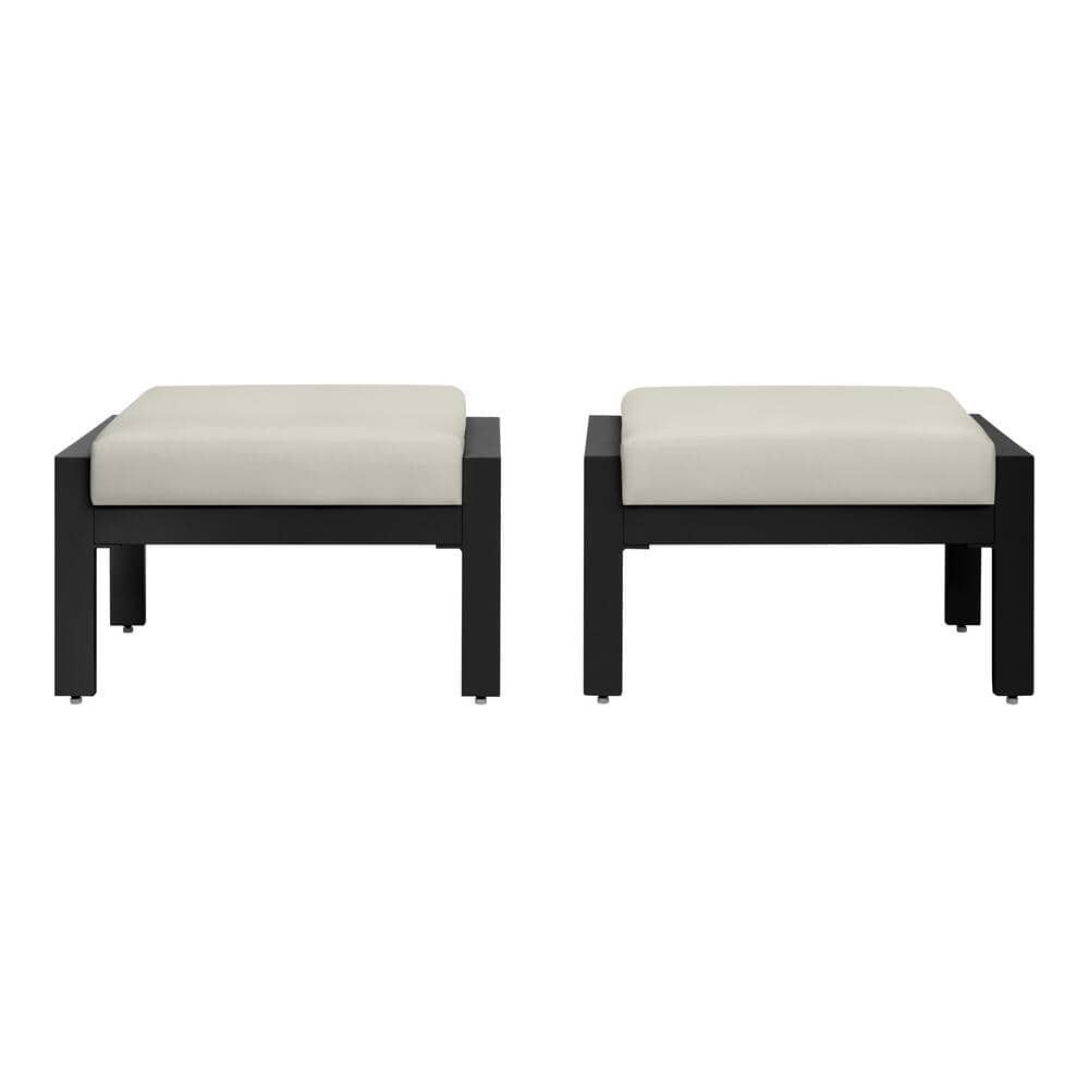 Kentwell Black Aluminum Outdoor Patio Ottoman with CushionGuard Plus Driftwood Cushions (2-Pack)