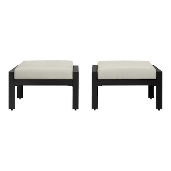 Home Decorators Collection Kentwell Black Aluminum Outdoor Patio Ottoman with CushionGuard Plus Driftwood Cushions (2-Pack)