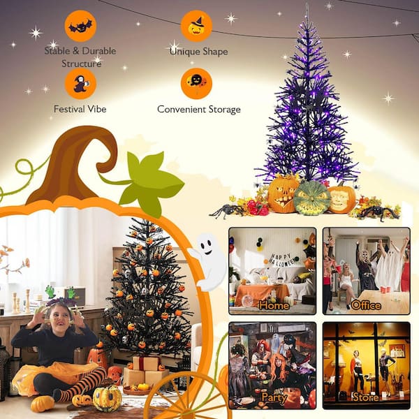 Costway 7ft Pre-Lit Purple Halloween Christmas Tree w/ Orange Lights Pumpkin Decorations