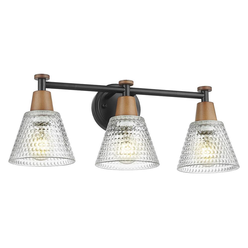 21.6 in. 3-Light Black Finish and Wood Grain Paint Vanity Light with Hammered Glass Shade price history on PriceWatchPro