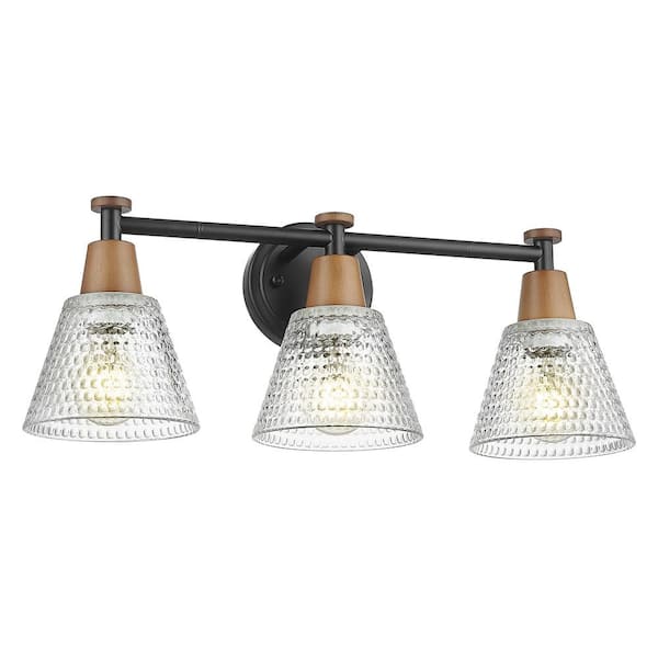 JAZAVA 21.6 in. 3-Light Black Finish and Wood Grain Paint Vanity Light with Hammered Glass Shade