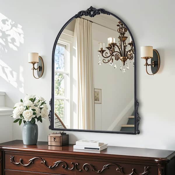 Elevatehome 30 in. W x 36 in. H Intricately Carved Vintage Black Arched Framed Wall Bathroom Vanity Mirror
