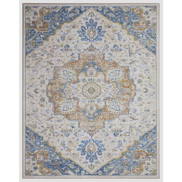 Eden Collection Center Medallion Ivory 5 ft. x 7 ft. Machine Washable Traditional Indoor Area Rug
