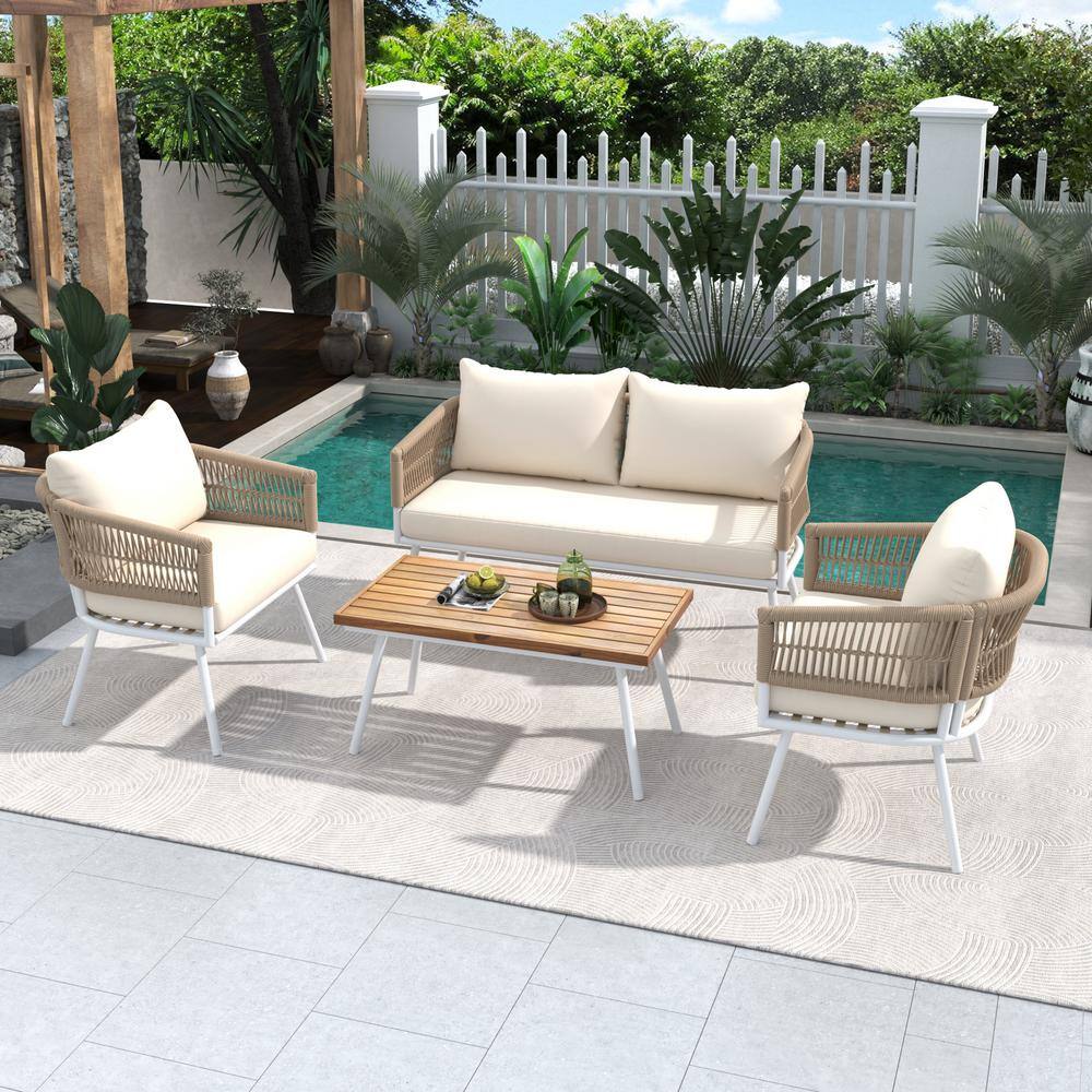 4-Piece Boho Rope Composite Outdoor Patio Furniture Conversation Sectional Set with Soildwood Table and Thick Cushions price history on PriceWatchPro
