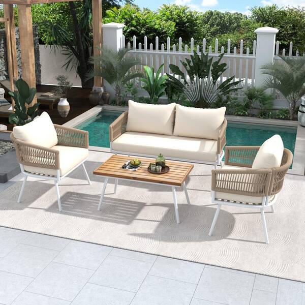 Runesay 4Piece Boho Rope Composite Outdoor Patio Furniture Conversation Sectional Set with