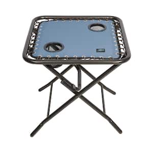 20 in. Folding Side Table with Metal Frame and 2 Built-In Cup Holders in Denim Blue