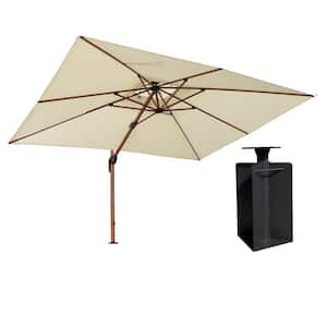 9 ft. x 12 ft. High-Quality Wood Pattern Aluminum Cantilever Polyester Patio Umbrella with Base in Ground, Cream