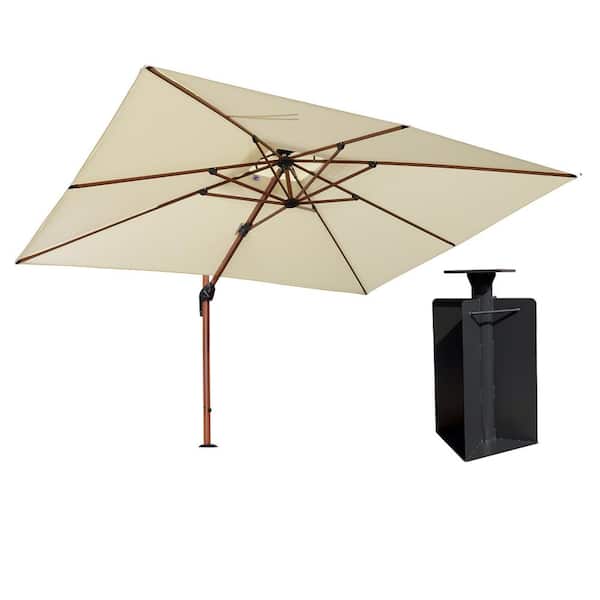 PURPLE LEAF 9 ft. x 12 ft. High-Quality Wood Pattern Aluminum Cantilever Polyester Patio Umbrella with Base in Ground, Cream
