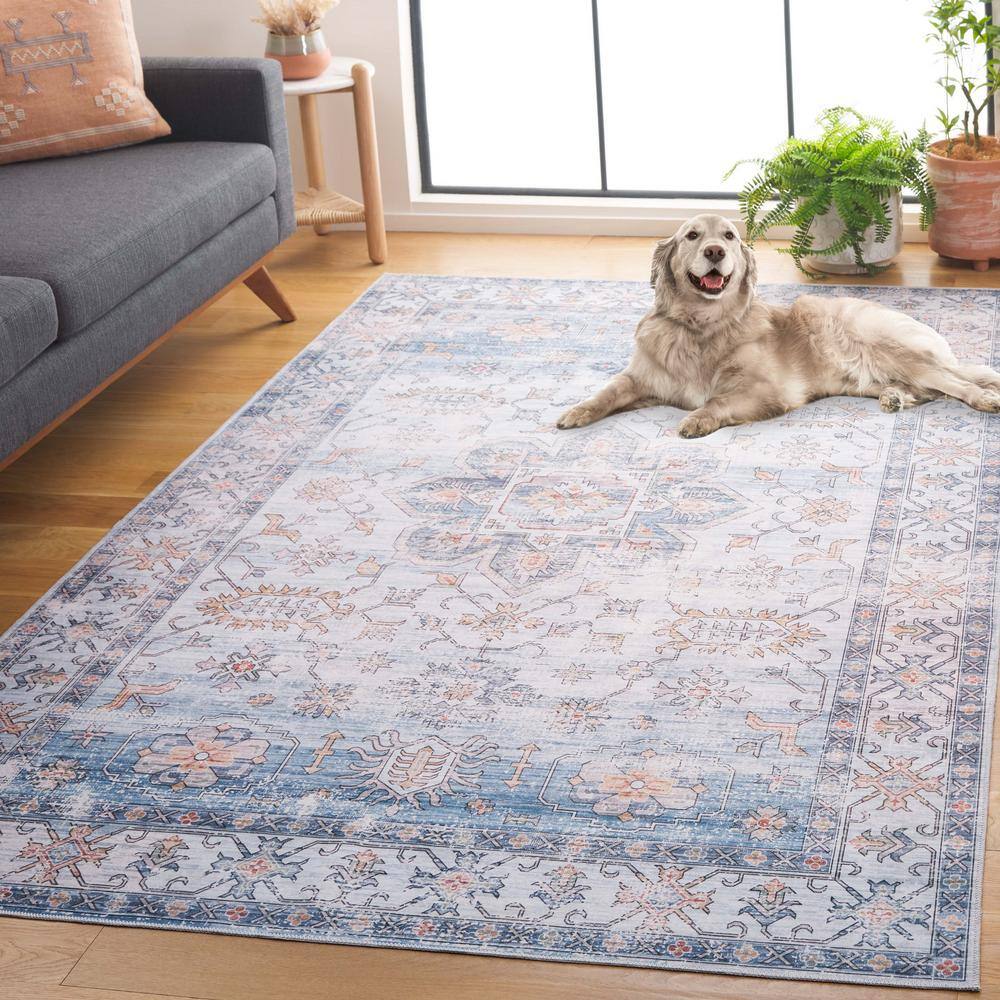 Ivory and Light Blue Weathered Medallion Washable Area Rug