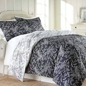 Winter Brush Reversible 2-Piece Black Floral Microfiber Twin/Twin XL Comforter Set