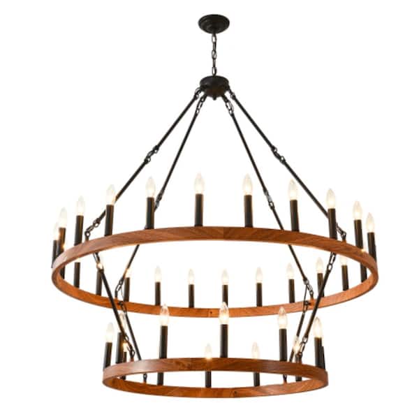 47" Large 2-Tier 36-Light Wagon Wheel Chandelier Farmhouse Wood Grain E12 for Porch
