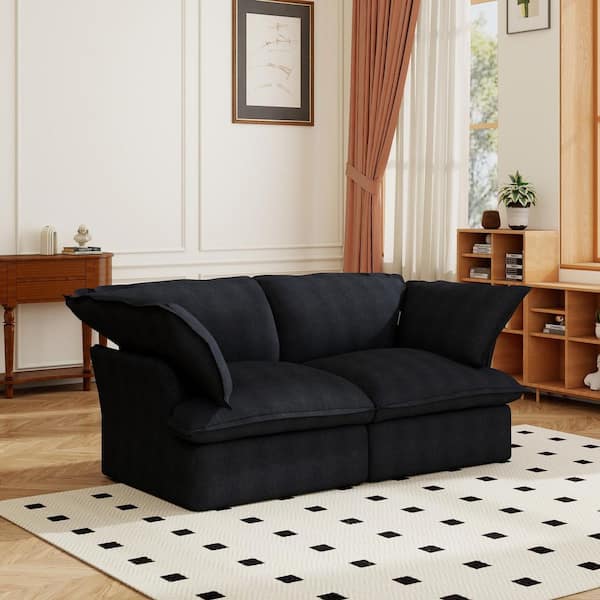 Down Filled 83 in. Flared Arm Linen Wide Deep Seat Modular Cloud Sofa Lawson Office Couch with Romovable Covers in Black