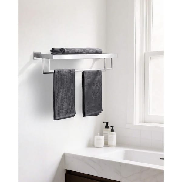 24 in. Square Single Towel Rack Holders Wall Mounted in Brushed Nickel