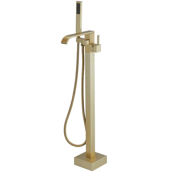Single-Handle Floor Mount Freestanding Bathtub Faucet Waterfall Tub Filler with Handheld Shower in Brushed Gold