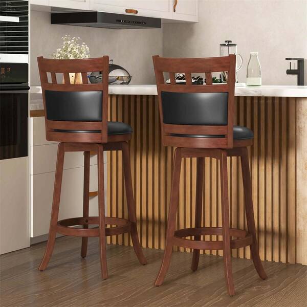 Costway Espresso Wood Swivel Bar Stools with Faux Leather Upholstered Seat and Back (Set of 2)