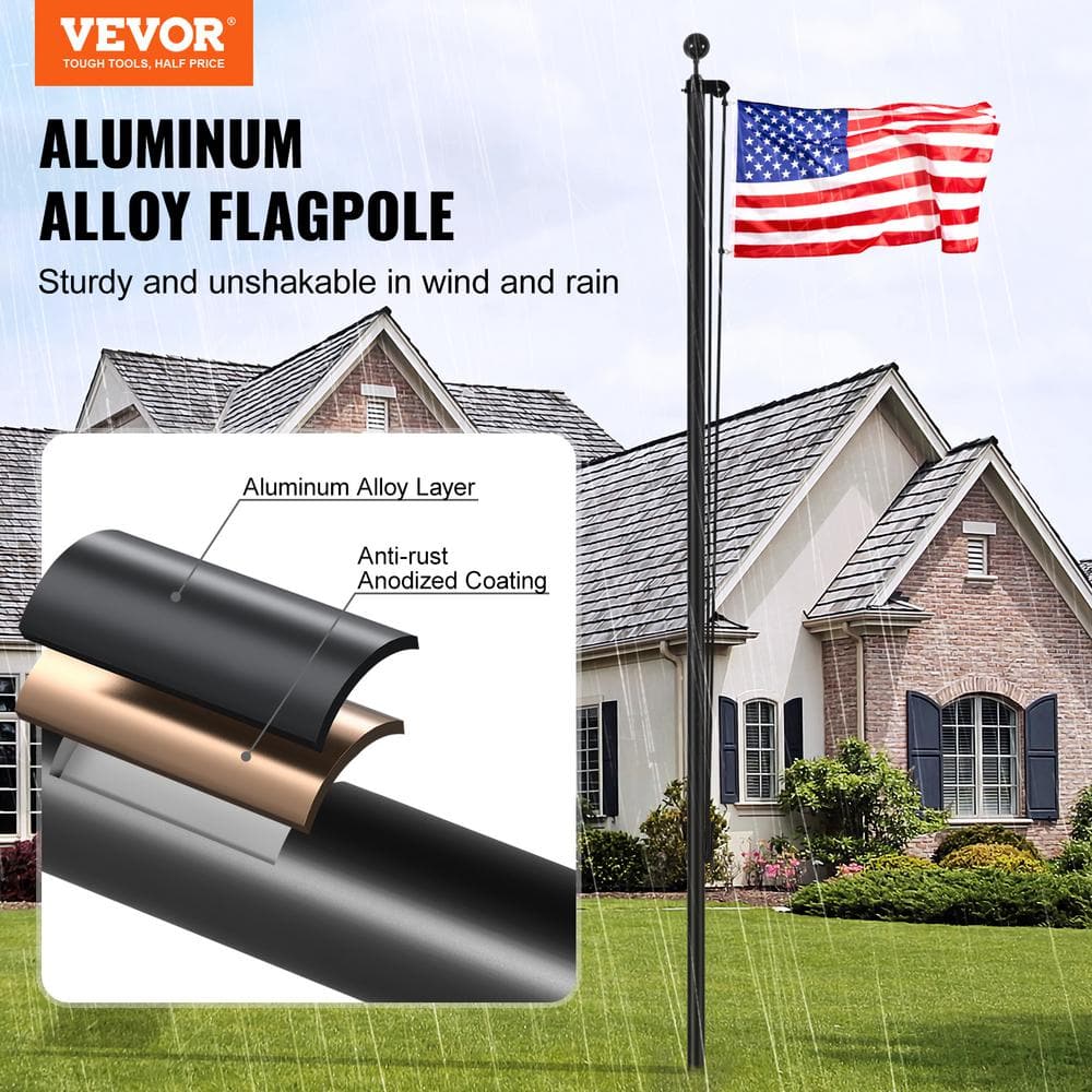 25ft Black Aluminum Garden Flagpole with American Flag