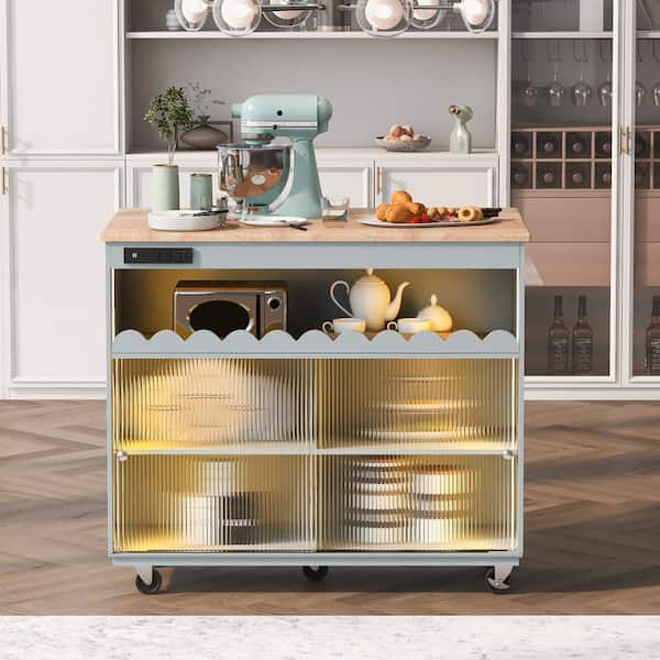 Unbranded Blue Wood 44 in. LED Light Kitchen Island with Power Outlets 2 Fluted Glass Doors for Kitchen, Living Room