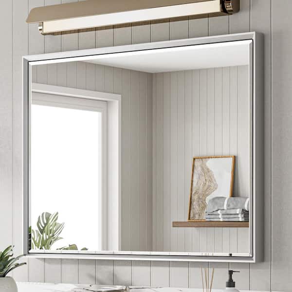 QueenFun 40 in. W x 30 in. H Framed Rectangular Beveled Edge Bathroom Vanity Wall Mount Mirror in Brushed Silver