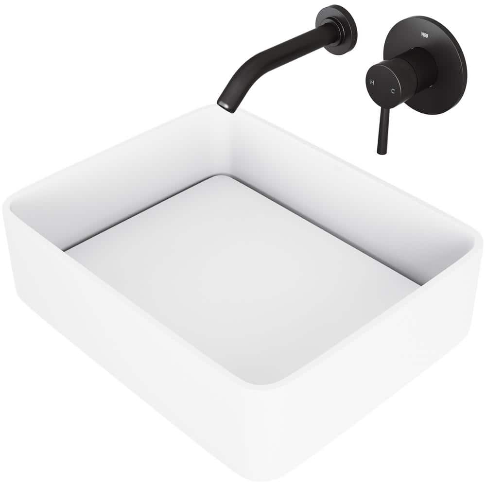 18" White Stone Rectangular Vessel Sink with Matte Black Faucet