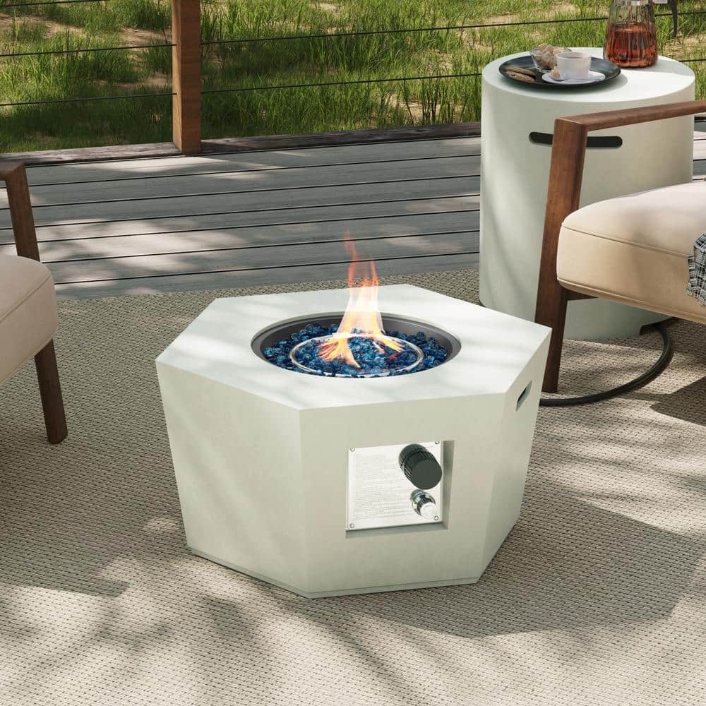 28 in. 40,000 BTU Off-White Hexagon Concrete Outdoor Propane Gas Fire Pit Table with Propane Tank Cover -  UPHA, 28MGO-6BX-MB