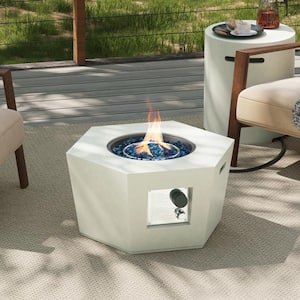 28 in. 40,000 BTU Off-White Hexagon Concrete Outdoor Propane Gas Fire Pit Table with Propane Tank Cover