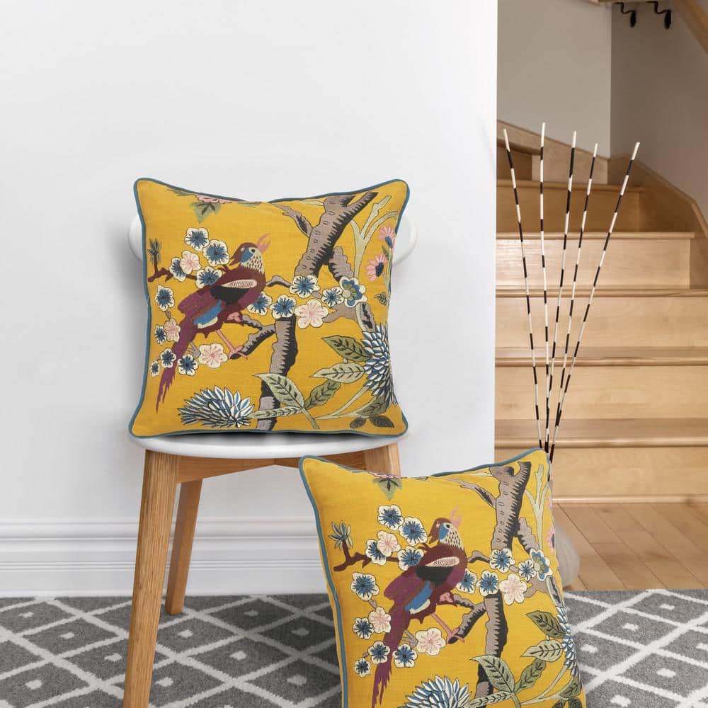 Yellow Cotton Bird of Paradise Embroidered Throw Pillow
