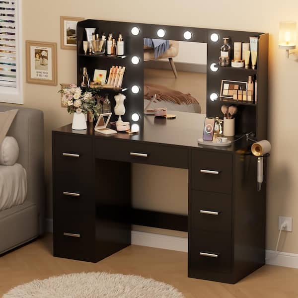 Makeup Vanity With Lights in 3-Colors, Vanity Desk with Large Mirror, Drawers and Shelves, Black
