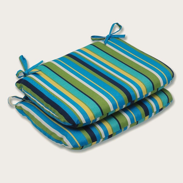 Pillow Perfect Striped 18.5 x 15.5 Outdoor Dining Chair Cushion in Blue/Green (Set of 2)