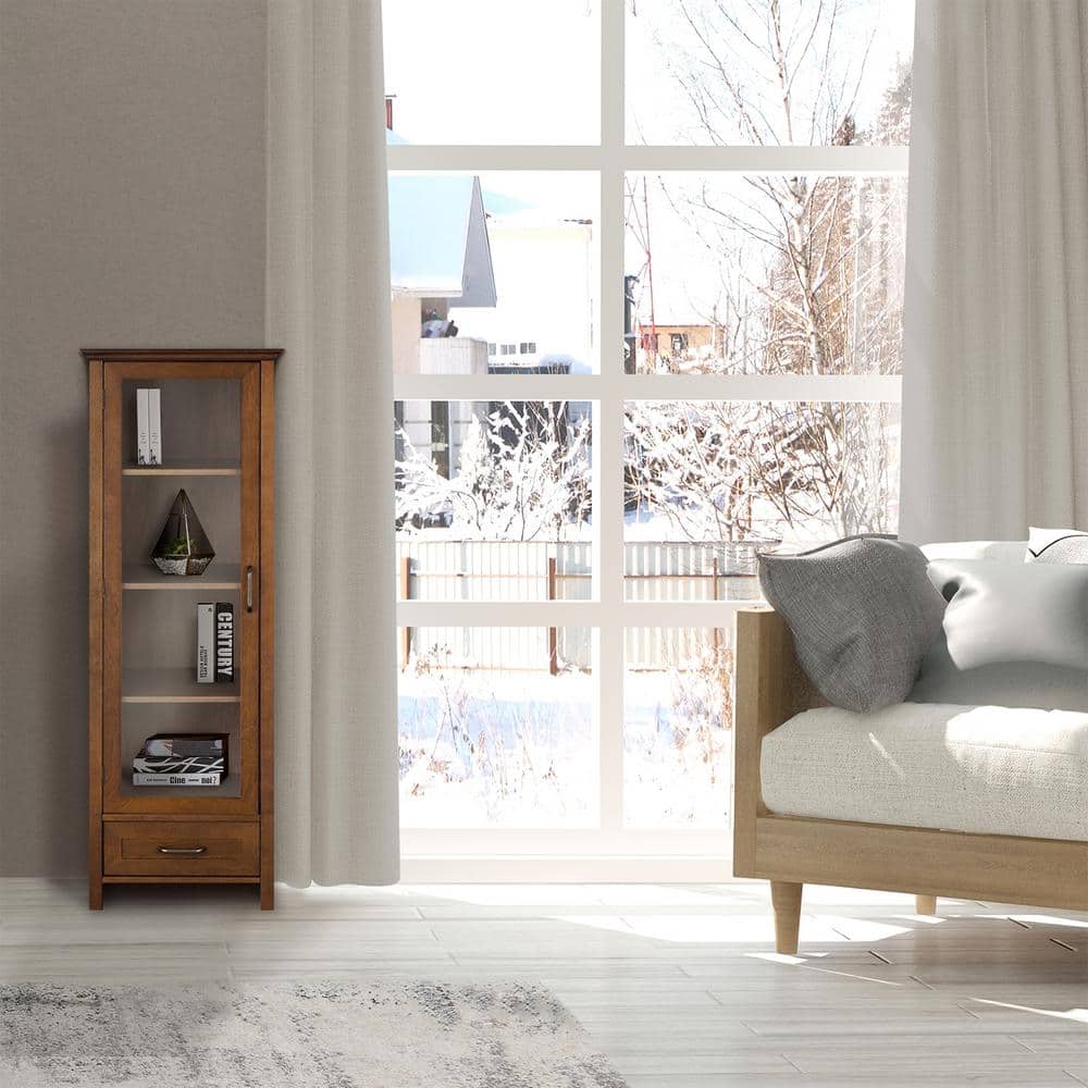Elegant Avery Oak Linen Tower with Glass Paneled Door and Antique Brass Knobs