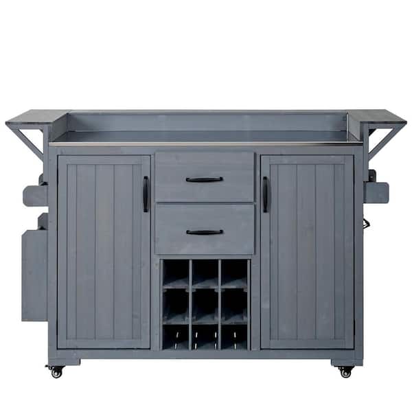 Guy Modern Gray Wood 60.2 W Outdoor Kitchen Island with Wheels and Stainless Steel Top