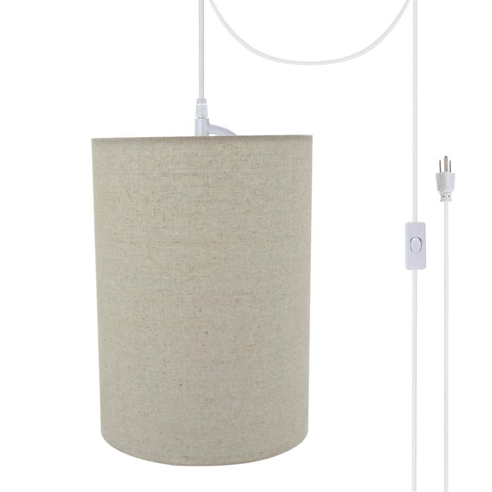 Beige Linen Drum Plug-In Swag Pendant Light with White Cord