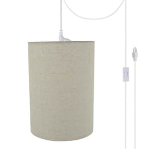 1-Light White Plug-In Swag Pendant with Grey Hardback Drum Fabric Shade
