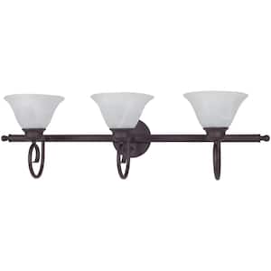 Troy 36.25 in. 3-Light Antique Bronze Bath and Vanity Light with Alabaster Glass Bell Shades