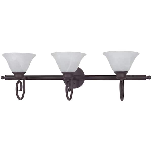 Volume Lighting Troy 36.25 in. 3-Light Antique Bronze Bath and Vanity Light with Alabaster Glass Bell Shades