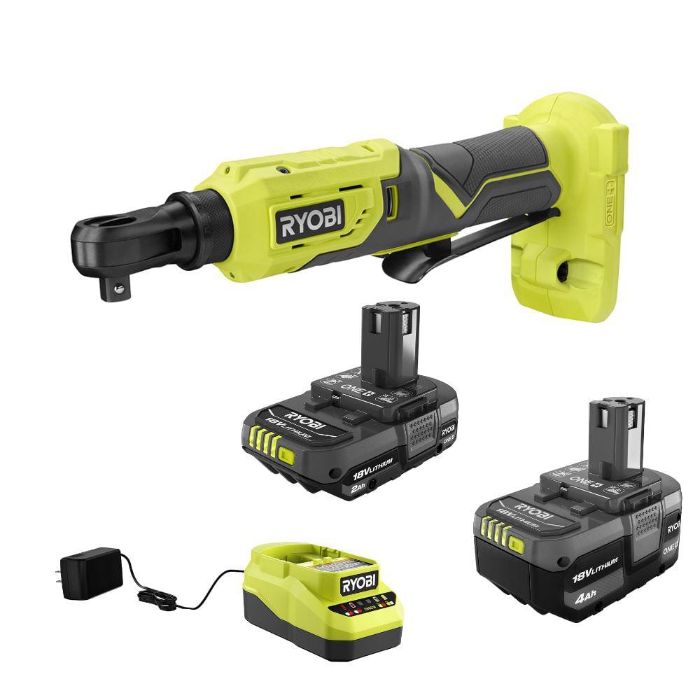 ONE+ 18V Lithium-Ion 4.0 Ah Battery, 2.0 Ah Battery, and Charger Kit with ONE+ Cordless 3/8 in. Ratchet -  RYOBI, P344PSK106