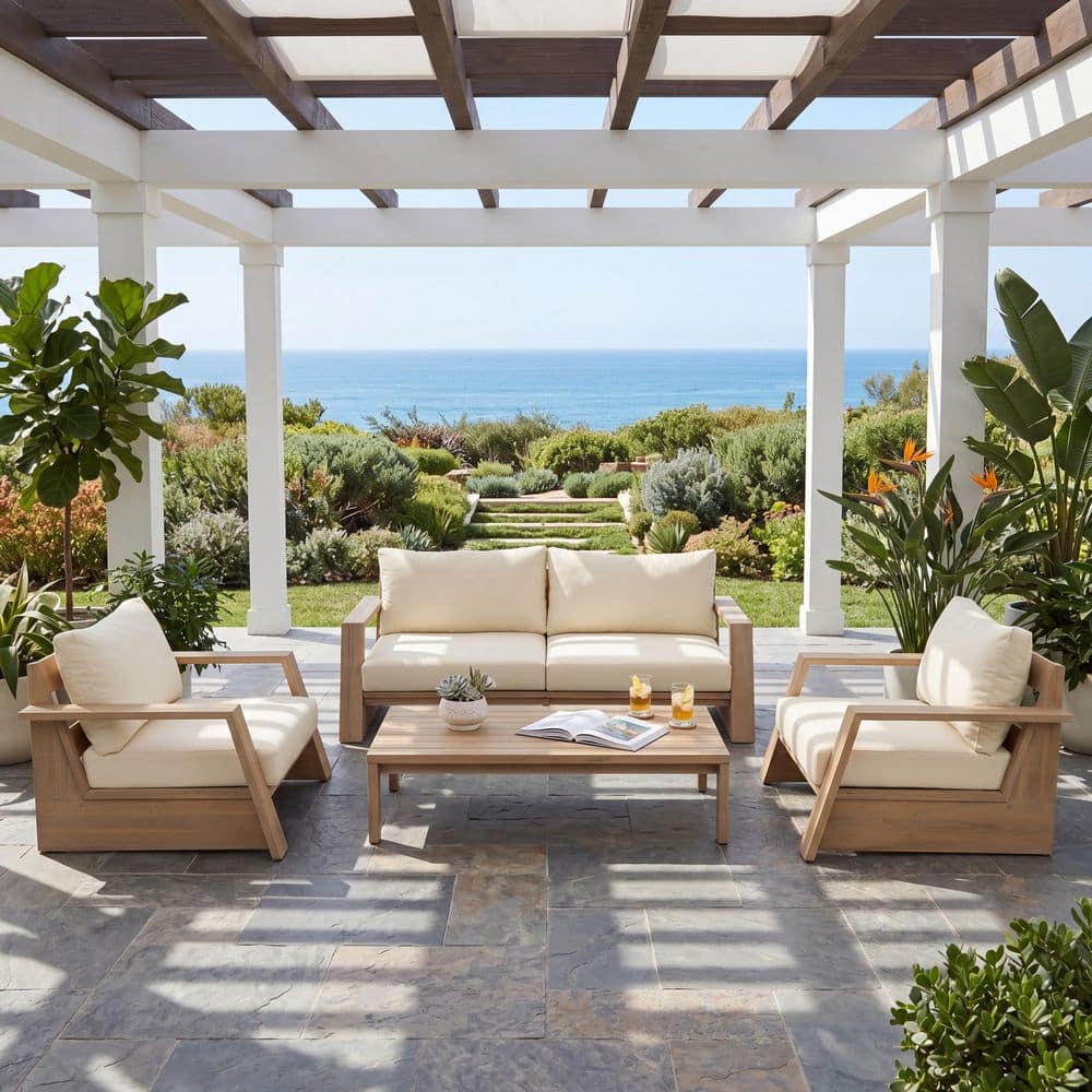 Wyrox Patio 4-Piece Light Teak Finish Solid Wood Outdoor Conversation Set with Cream Cushions and Coffee Table price history on PriceWatchPro