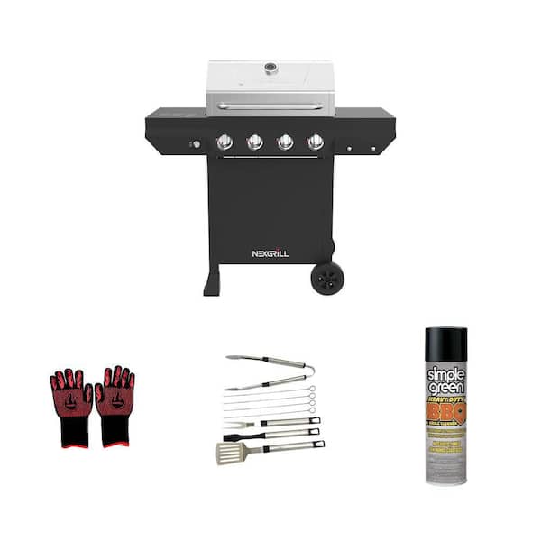 4-Burner Black Propane Grill with Cover, Heat Resistant Gloves, 8-Piece Tool Set and 20 oz. Degreaser