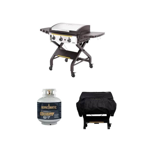 Elite3B 28 in. 3-Burner Propane Griddle, 20 lbs. Empty Tank and Griddle Cover Combo