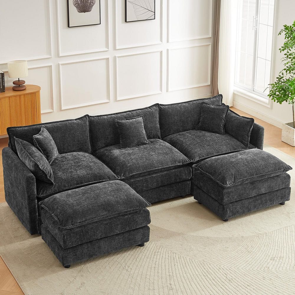 112.2 in. Square Arm U-Shaped Chenille Deluxe Pillow Modular Sectional Sofa in Grey with 2 Ottoman