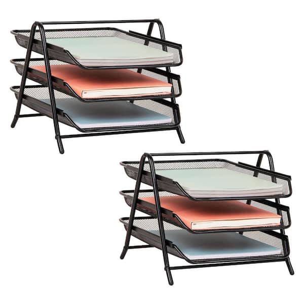 11.5 in. L x 13.75 in. W x 10 in. H 3-Tier Paper Tray, Desktop Organizer, File Storage, Black (2-Pack)