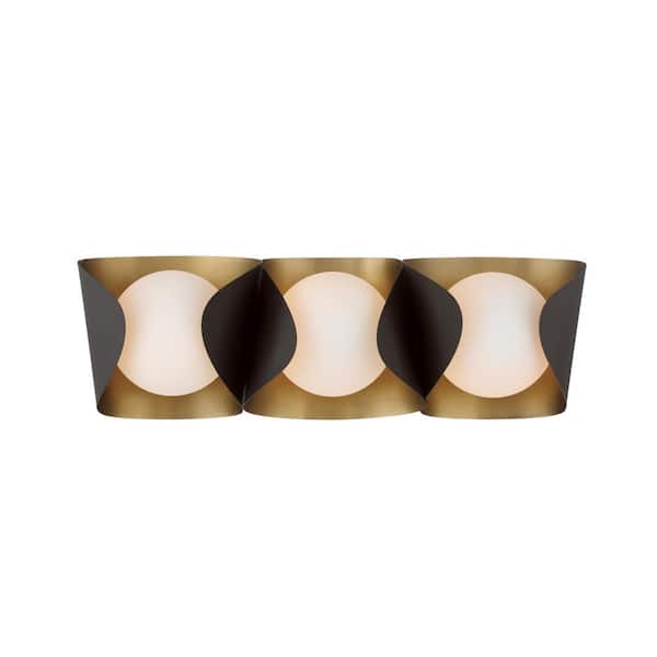 Flare 24 in. 3-Light Dark Bronze and Legacy Brass Vanity Light with Etched Opal Glass Shades