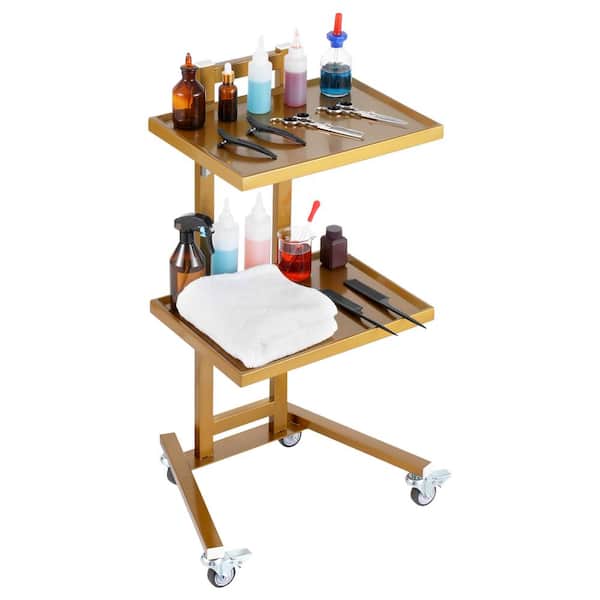 VEVOR Utility Cart Gold Steel Kitchen Cart with 2 Tiers Stainless Steel Lab Carts with 2-Trays and 4-Silent Wheels