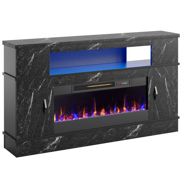 Bestier 63 in. Black Marble TV Stand with Electric Fireplace Fits TV Up