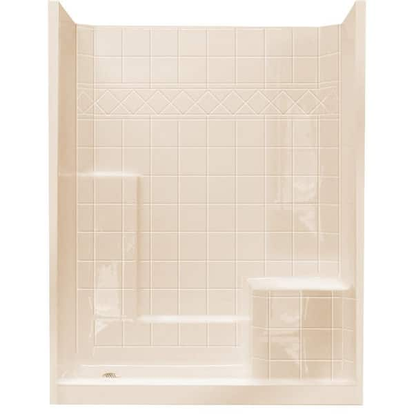 Ella 60 in. x 33 in. x 77 in. Standard Low Threshold 3-Piece Shower Kit in Bone with Right Seat and Left Drain